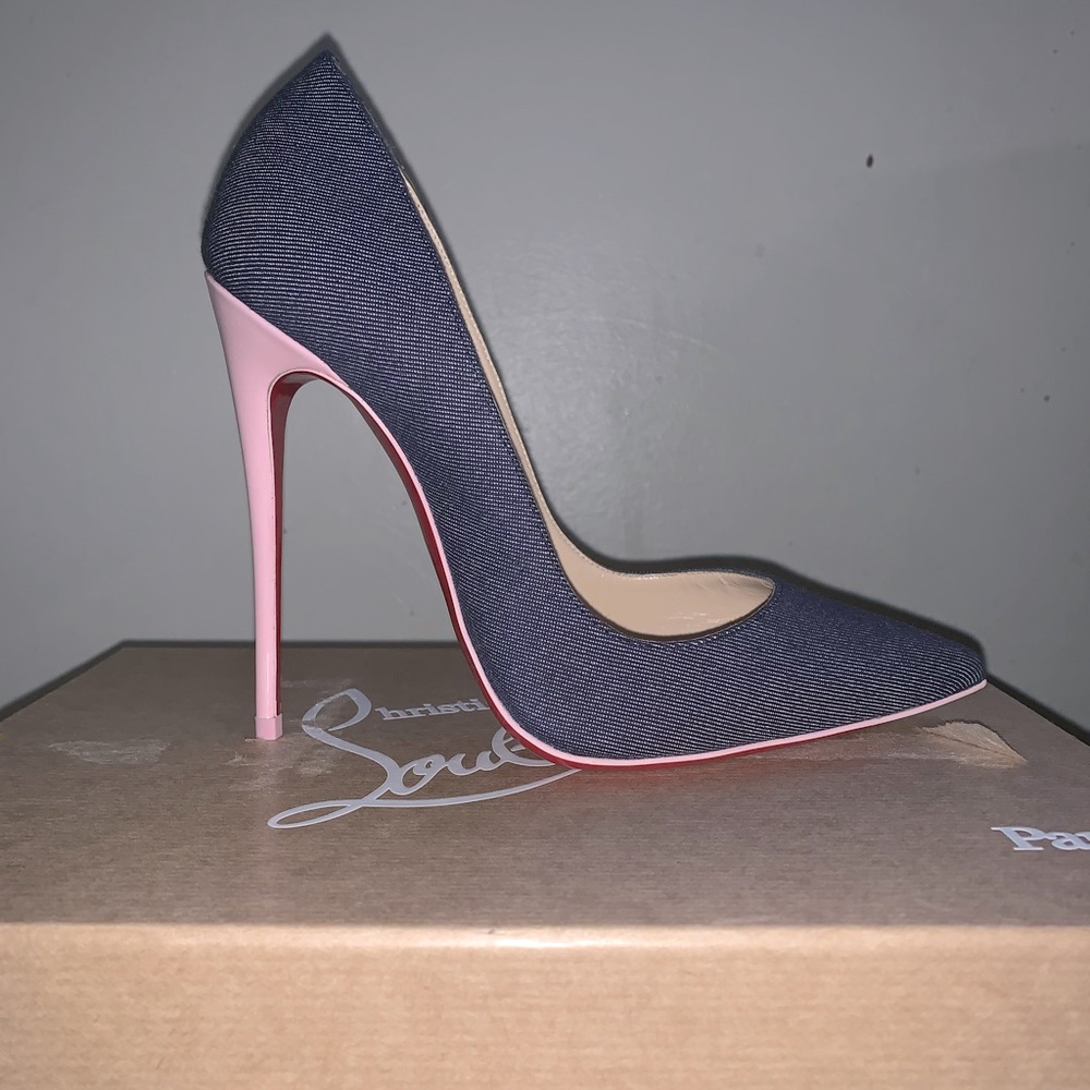 Christian louboutin’s denim material with pink strip and red bottom.